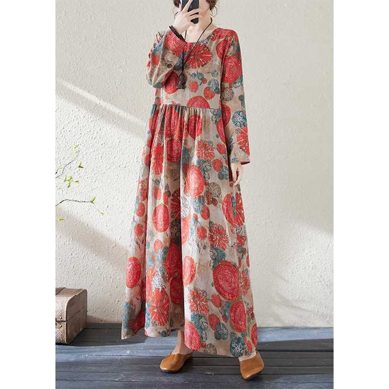 Handmade Red O-Neck Print Wrinkled Holiday Dress Spring