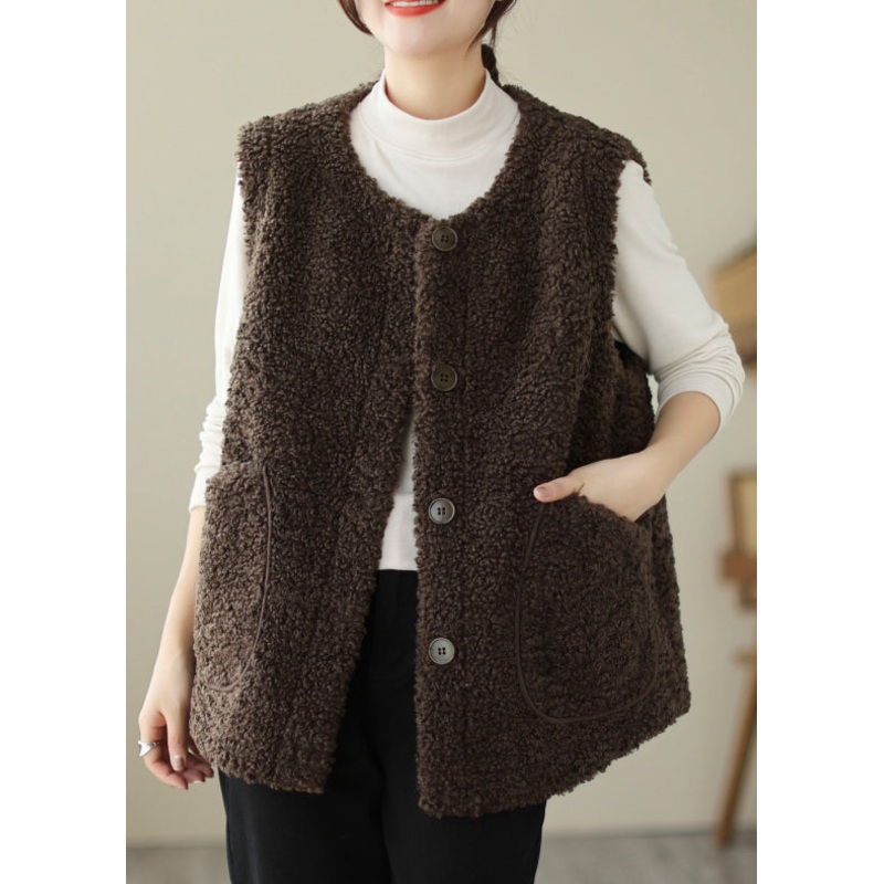 Italian Coffee O Neck Pockets Button Faux Fur Vest Sleeveless