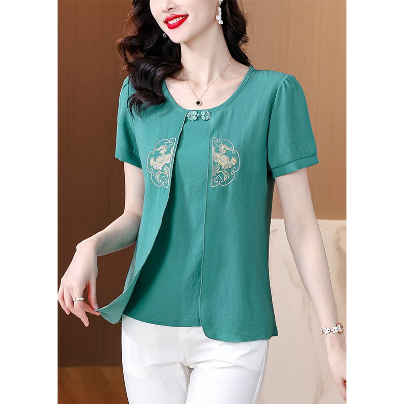 Italian Green Embroidered False Two Pieces Chiffon Blouses Summer