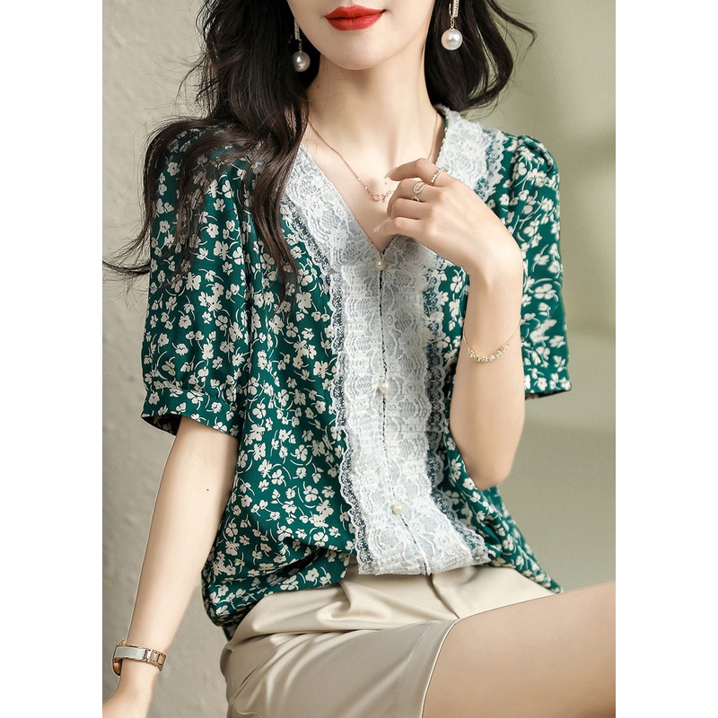 Italian Green V Neck Print Lace Patchwork Nail Bead Chiffon Shirts Summer