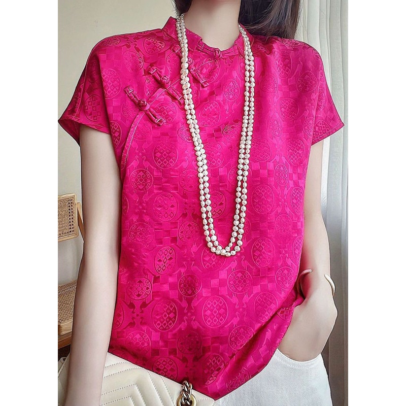 Italian Rose Button Print Silk T Shirts Short Sleeve