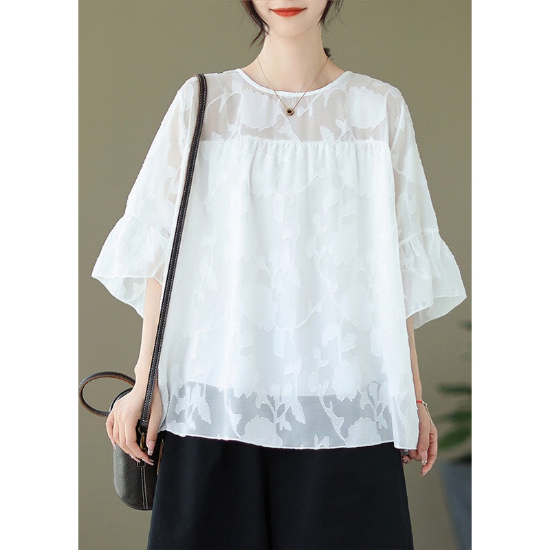 Jacquard White Solid Embroidery Tulle Top Flare Sleeve