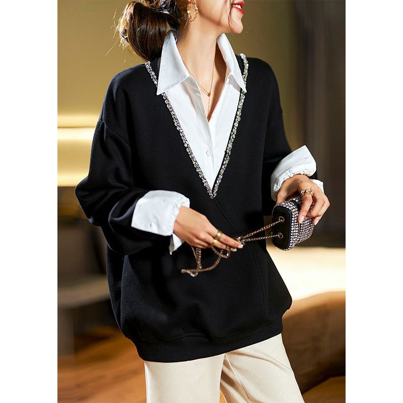 Loose Black Zircon Patchwork False Two Pieces Cotton Sweatshirt Spring