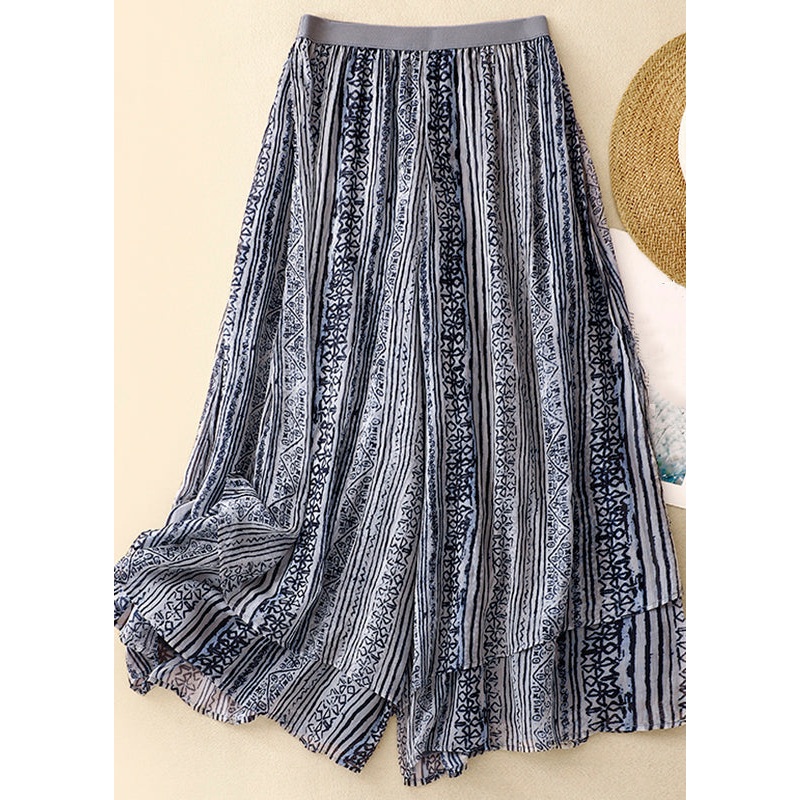 Loose Blue Print Elastic Waist Layered Silk Cotton Wide Leg Pants