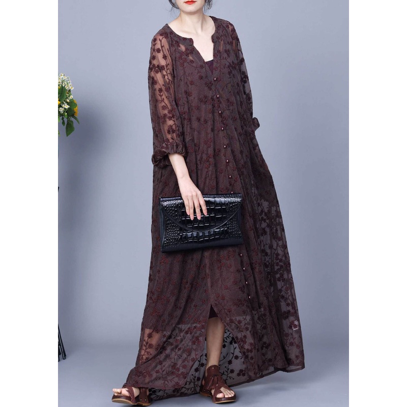 Loose Coffee Embroidered Button Silk Cotton Two Pieces Set Spring