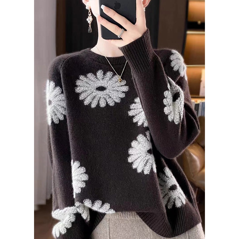 Loose Coffee O-Neck Print Wool Knit Sweaters Fall