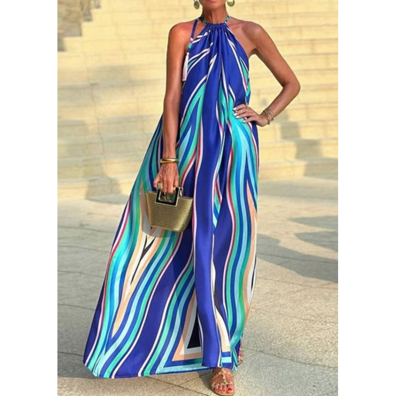 Loose Colorful Striped Halter-Neck Maxi Dresses Sleeveless