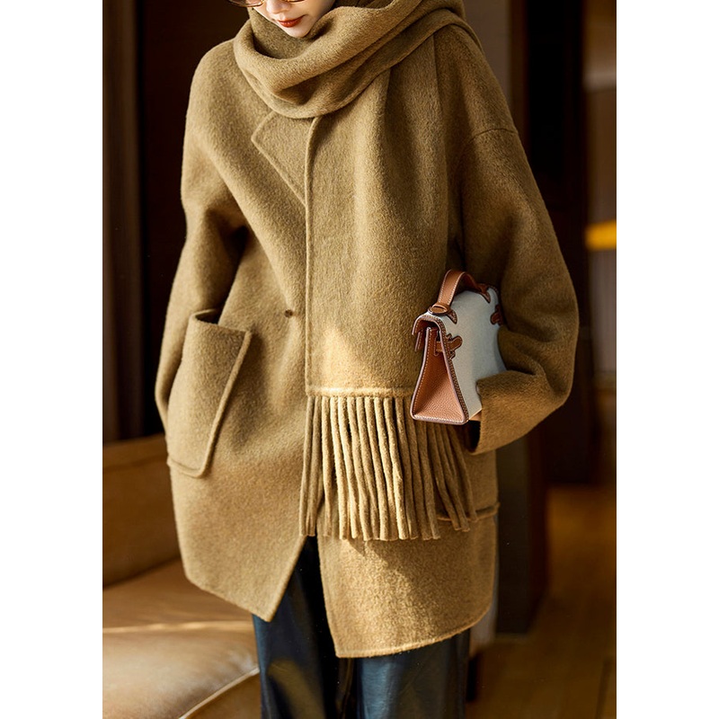 Loose Fallen Leaves Yellow Scarf Button Pockets Woolen Coats Spring