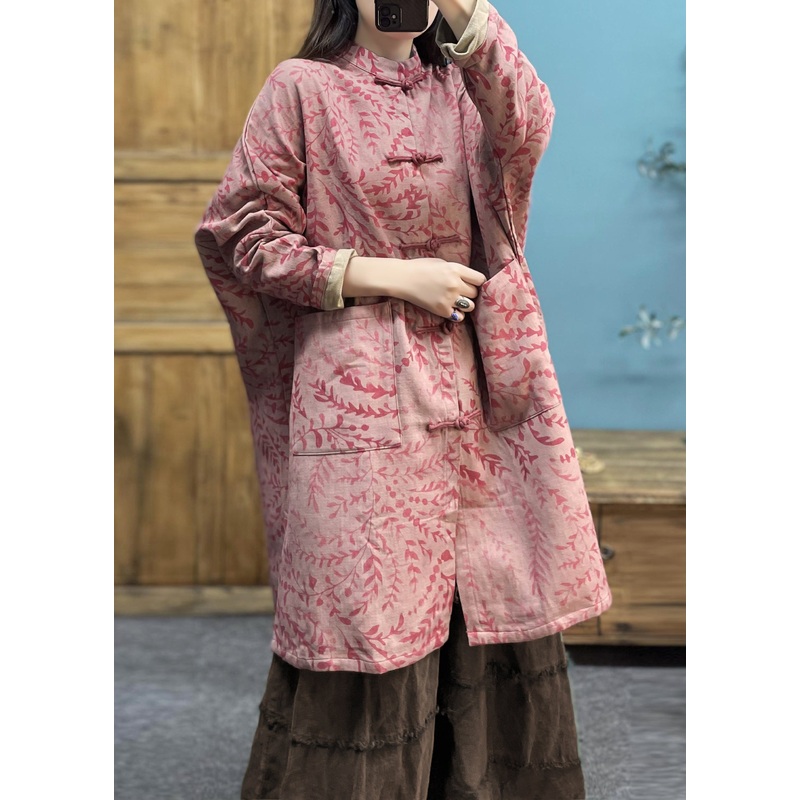 Loose Pink Button Pockets Linen Coat Long Sleeve