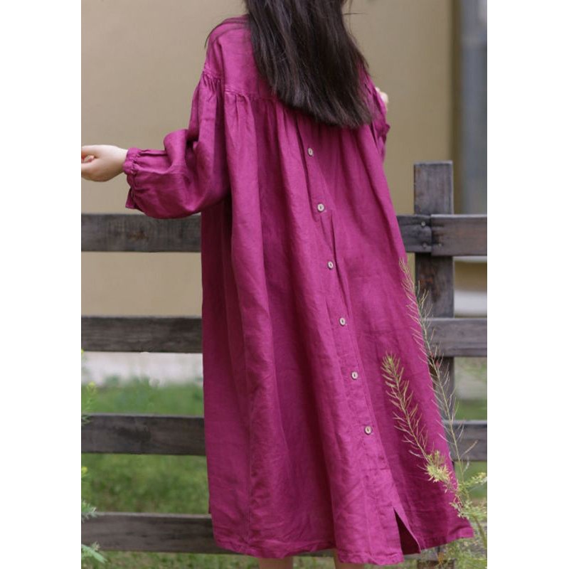 Loose Rose O Neck Button Solid Cotton Long Dress Fall