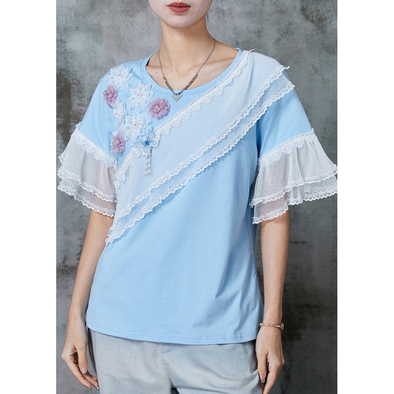 Modern Blue Floral Patchwork Lace Cotton Tank Flare Sleeve