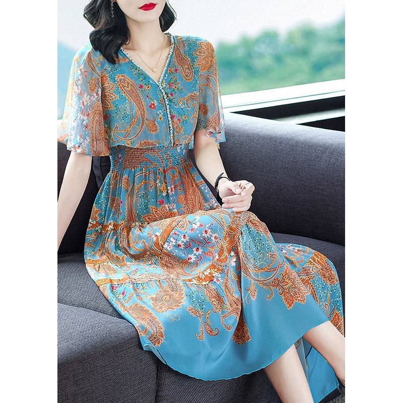 Modern Blue V Neck Print Elastic Waist Silk Long Dress Flare Sleeve