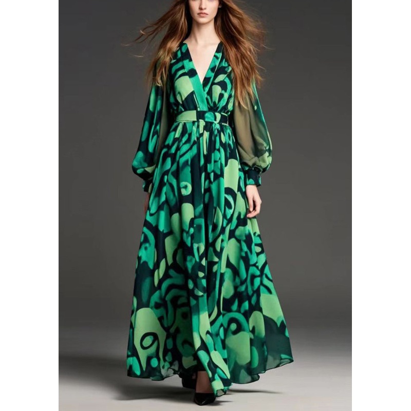 Modern Green Print Chiffon Party Dress Cinched Fall