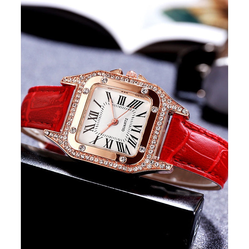 Modern Red Leather Inlaid Zircon Quartz Movement Watches