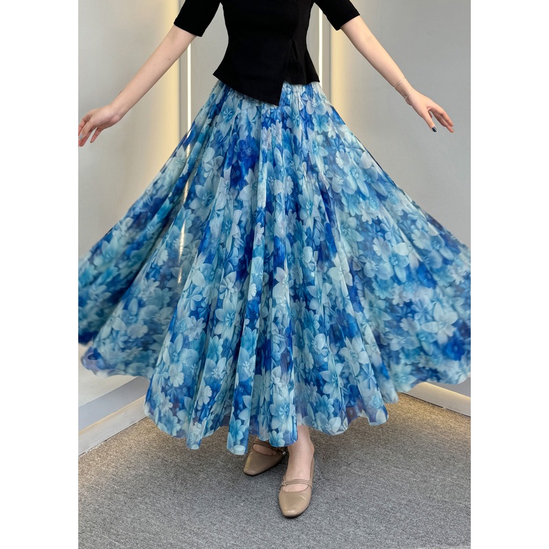 Natural Blue Print Elastic Waist Tulle A Line Skirts Summer