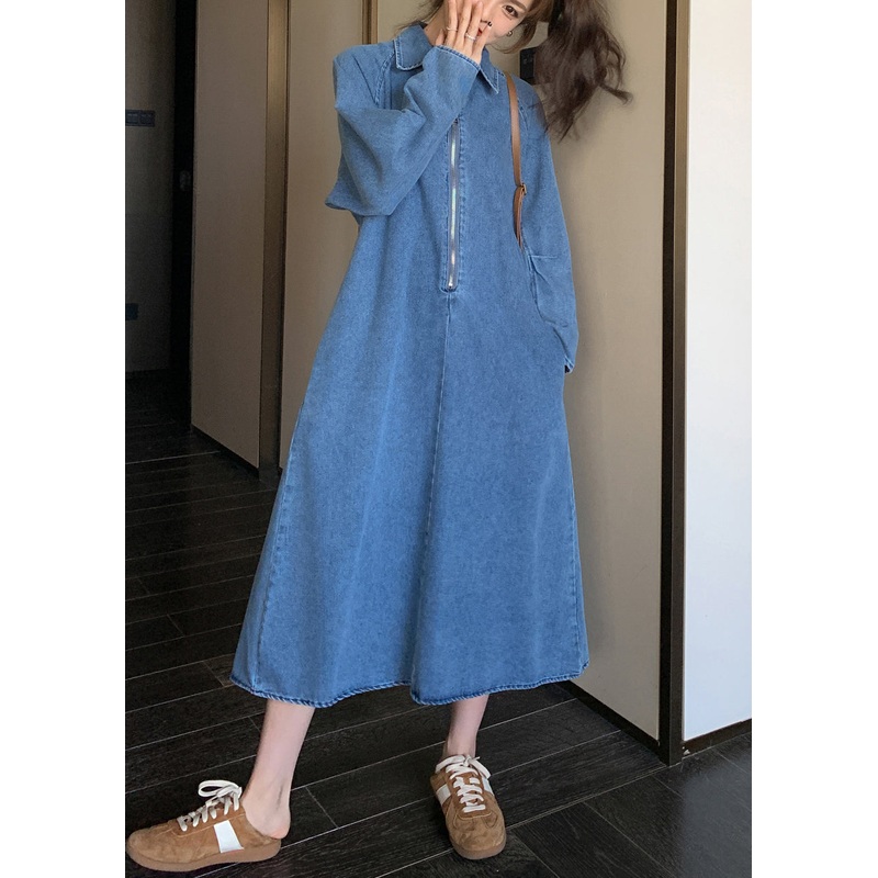 Natural Denim Blue Peter Pan Collar Zippered Patchwork Long Dress Fall
