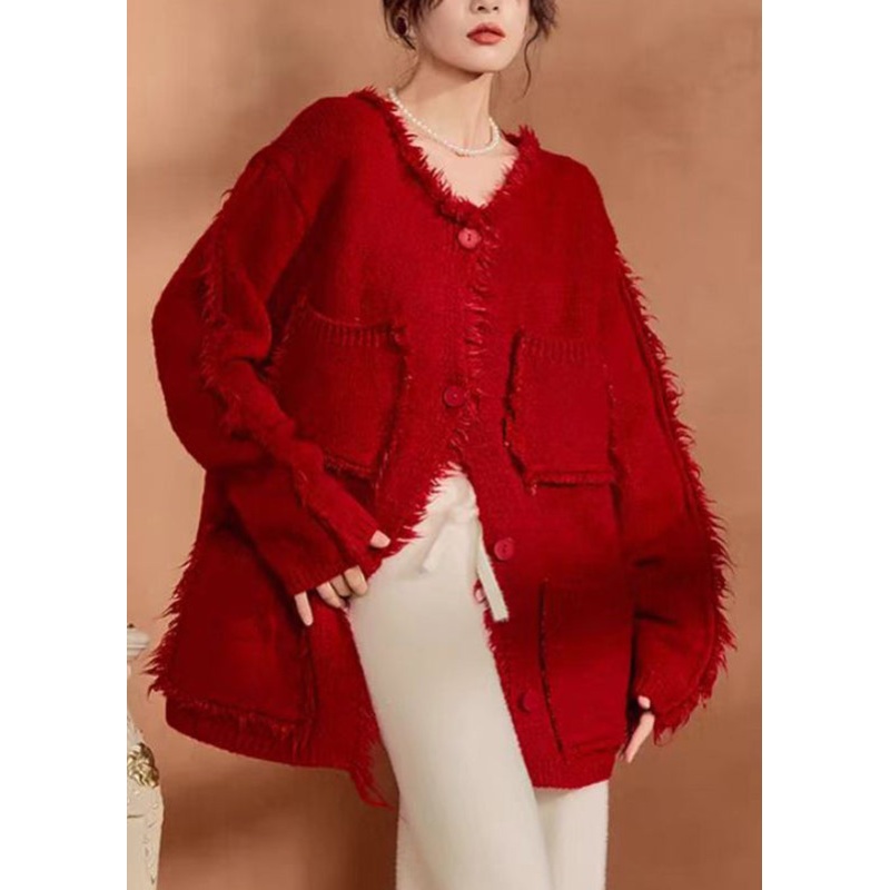 Natural Red Pockets Patchwork Button Cotton Knit Coats Fall