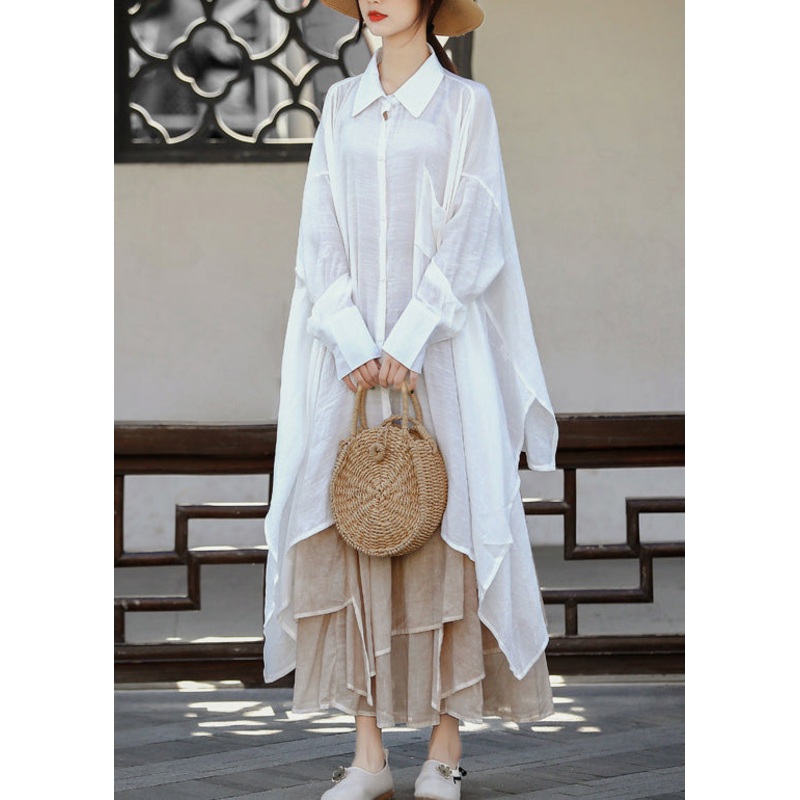Natural White Peter Pan Collar Asymmetrical Cotton Shirts Long Sleeve