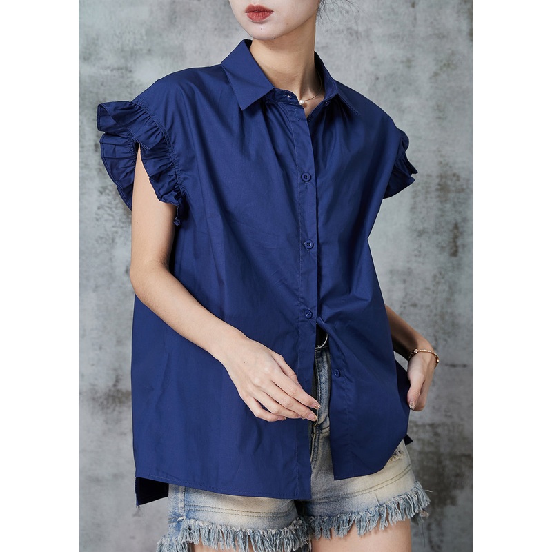 Navy Cotton Shirt Top Peter Pan Collar Petal Sleeve