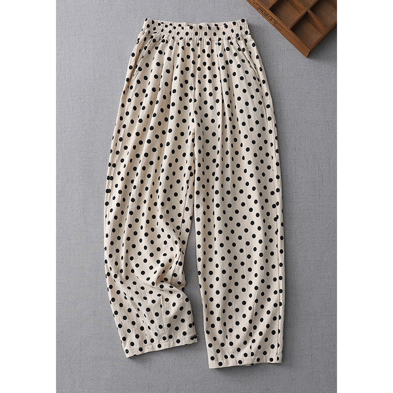 New Apricot Dot Pockets Elastic Waist Cotton Crop Pants Summer