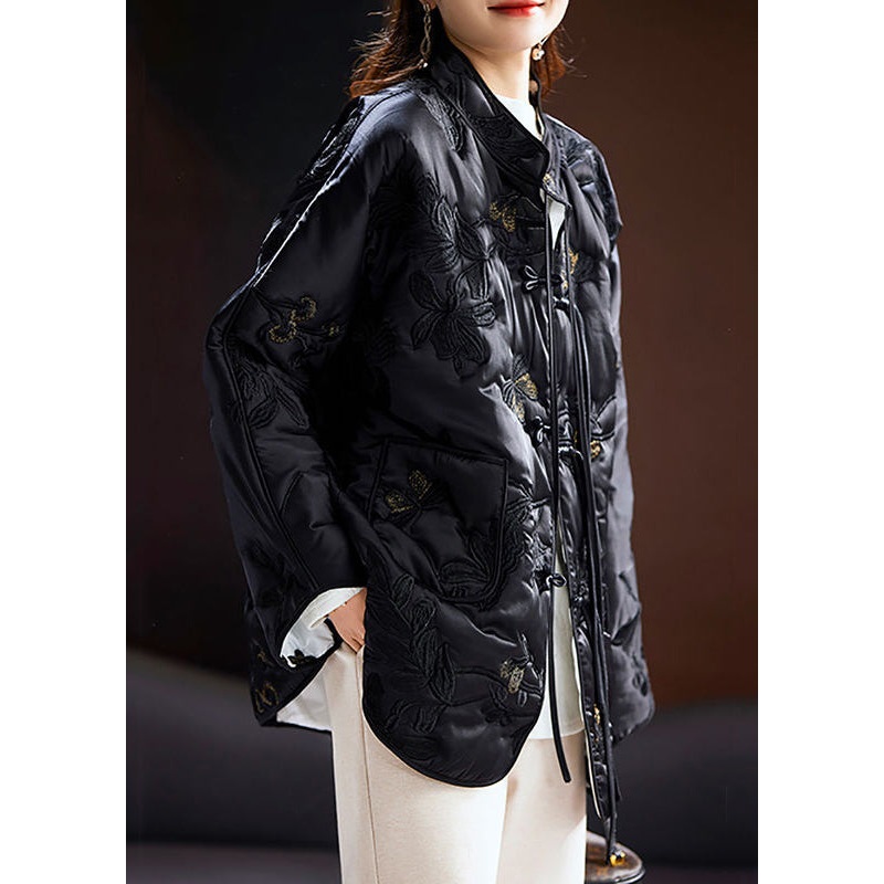 New Black Chinese Button Embroideried Cotton Filled Coat Spring