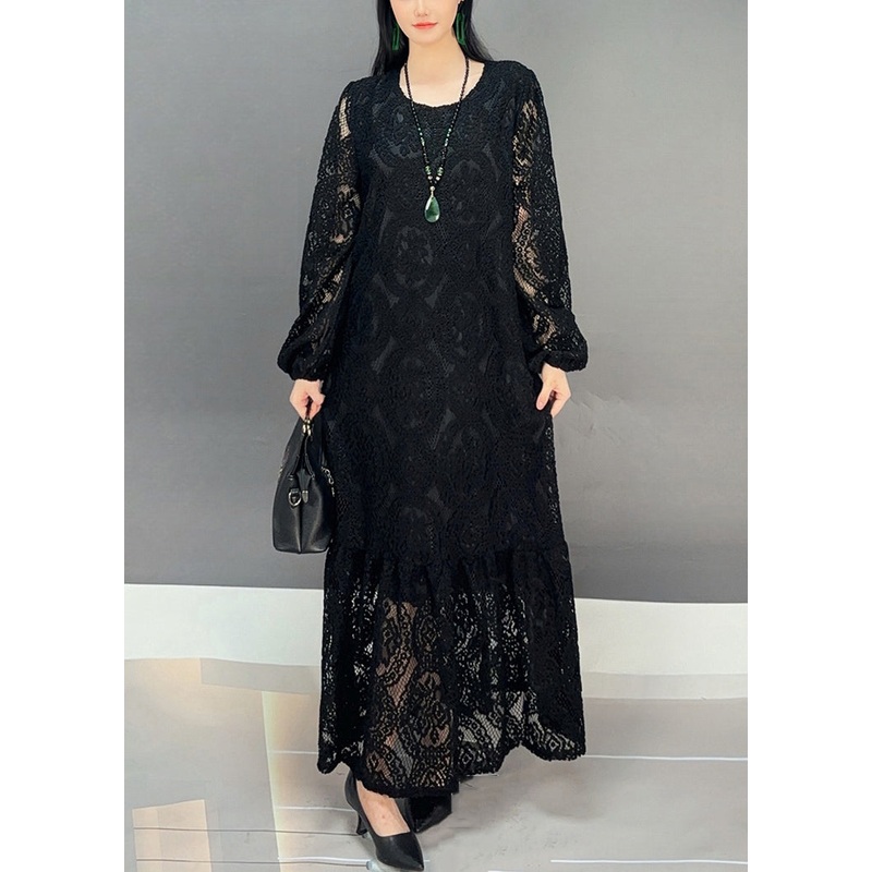 New Black O Neck Hollow Out Lace Long Dresses Fall