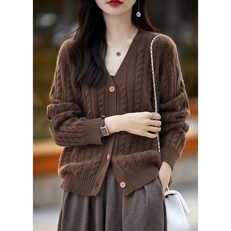 New Coffee V Neck Button Woolen Knit Cardigans Fall