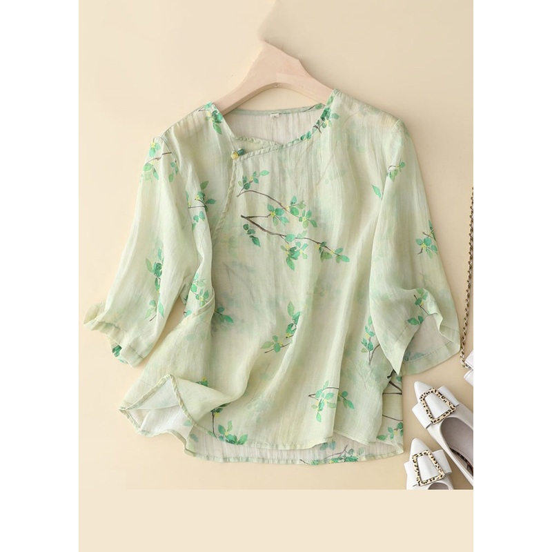 New Green Button Print Linen Shirt Long Sleeve