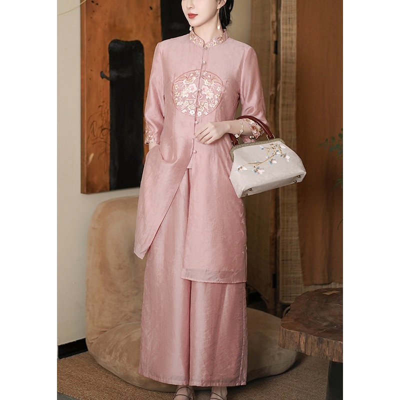 New Pink Embroidered Button Silk Two Pieces Set Summer