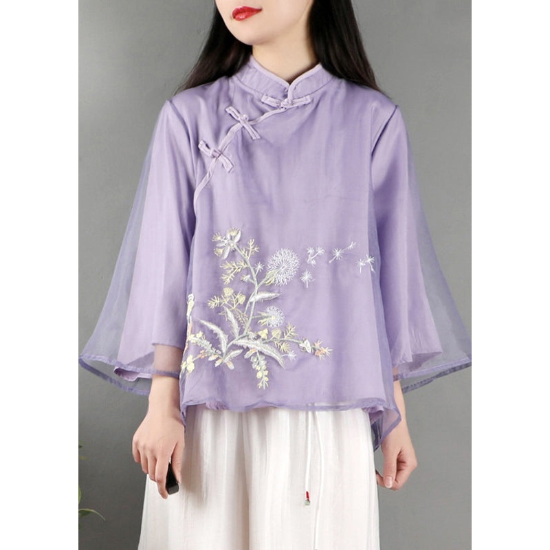 New Purple Stand Collar Embroidered Button Tulle Shirt Spring