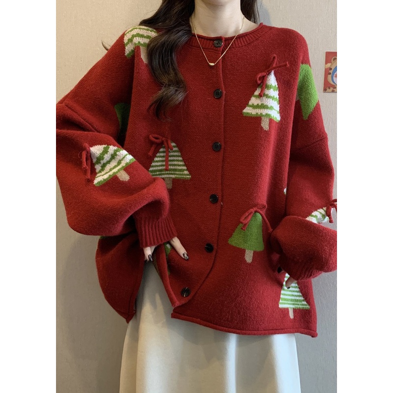 New Red Christmas Tree Bow Button Knit Cardigan Winter