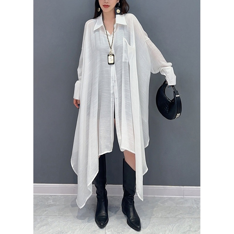 New White Asymmetrical Pockets Cotton Blouse Long Sleeve