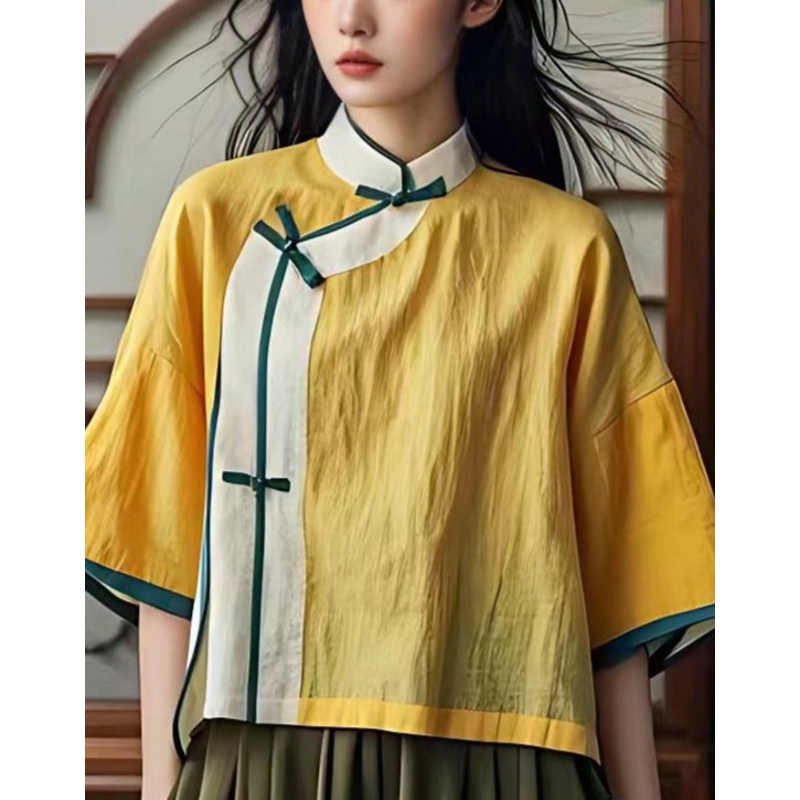 New Yellow Stand Collar Button Cotton Shirts Summer