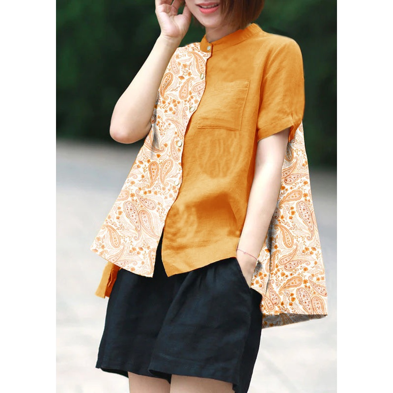Orange cashews Patchwork Linen Top Button Stand Collar Summer