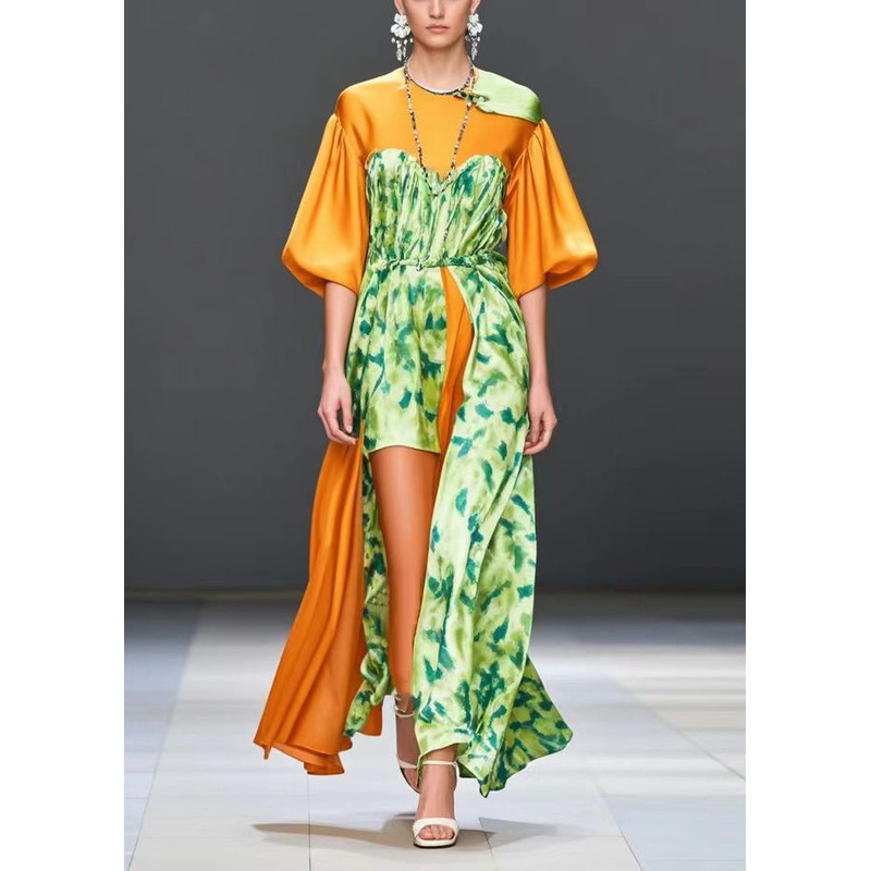 Orange Patchwork Silk Dress Asymmetrical Design Lantern Sleeve