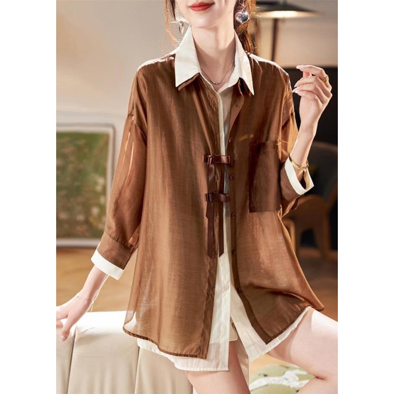 Organic Coffee Patchwork Fake Two Pieces Chiffon Shirt Spring