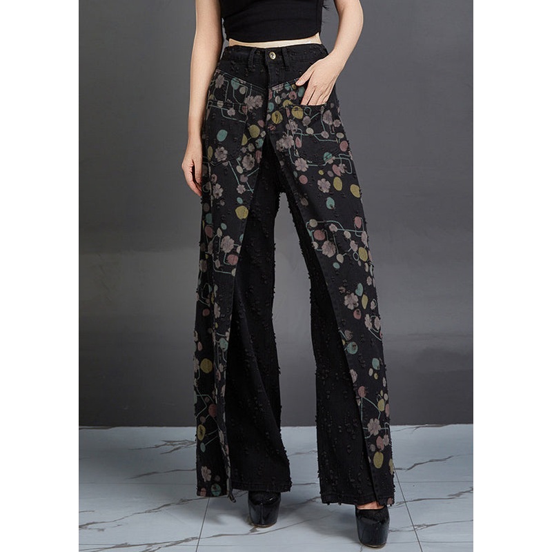 Original Design Black Print High Waist Patchwork Denim Pants Fall