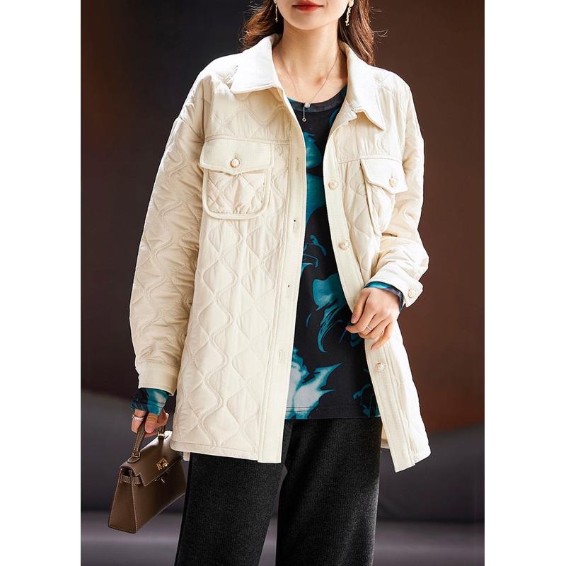 Plus Size Apricot Peter Pan Collar Button Cotton Filled Coat Long Sleeve