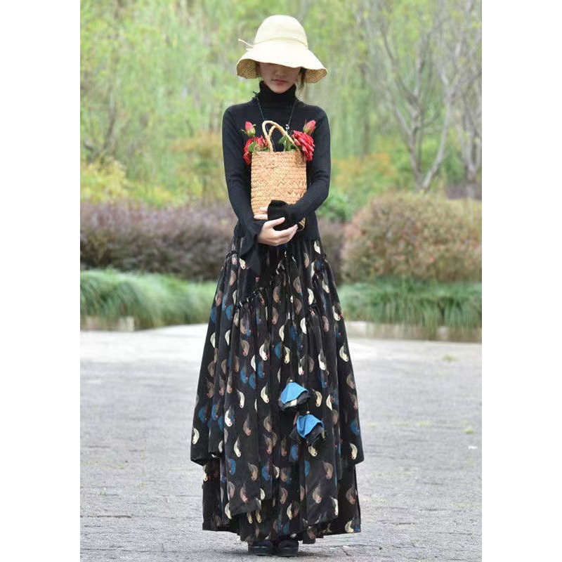 Plus Size Black Wrinkled Print Elastic Waist Corduroy Skirt Spring