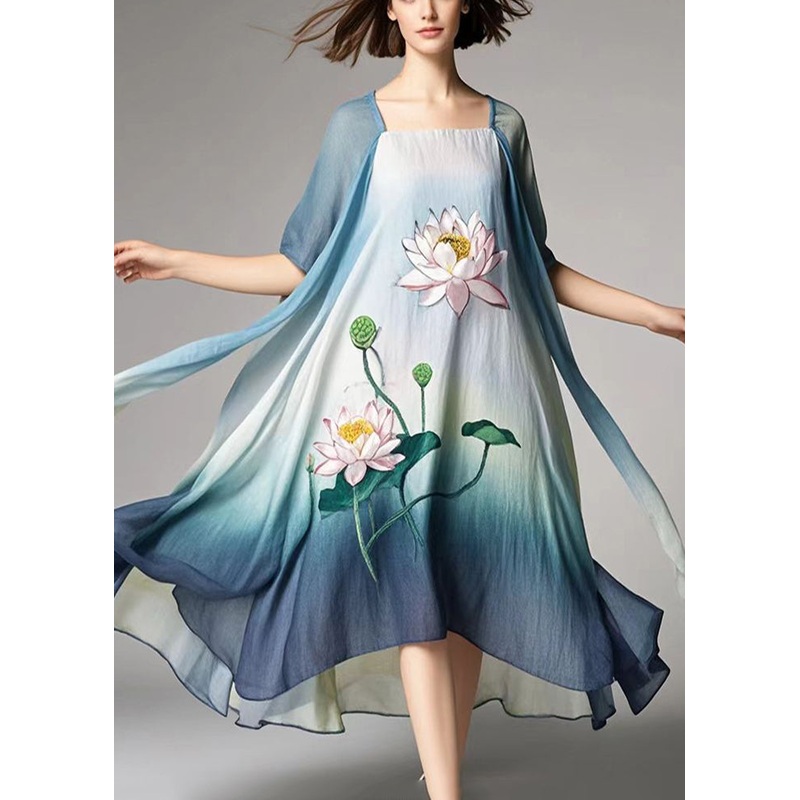 Plus Size Gradient Color Lotus Print Cotton A Line Dress Summer