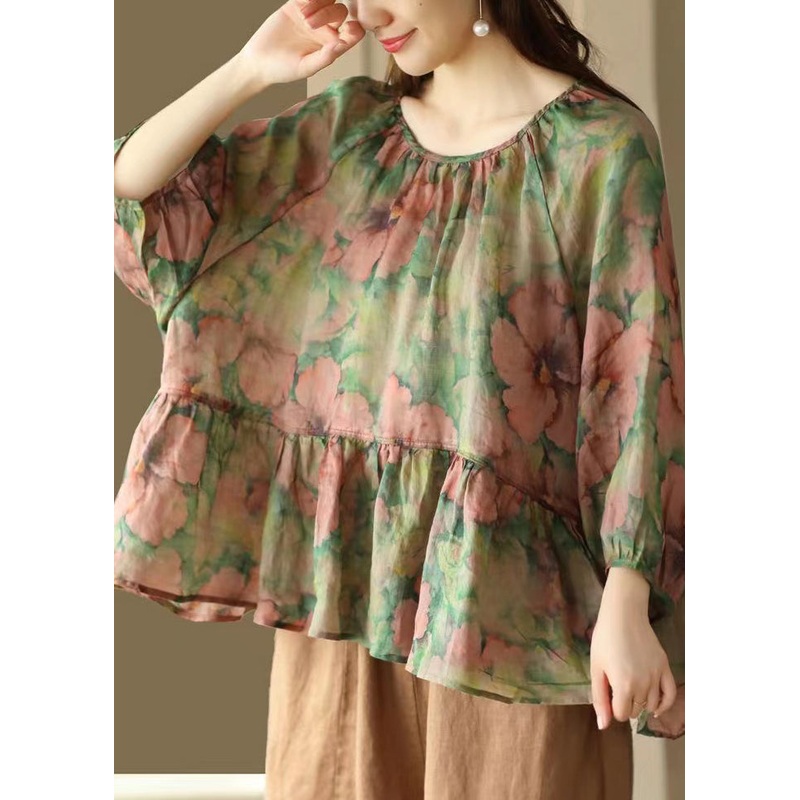 Plus Size Green O Neck Print Patchwork Linen Shirts Summer