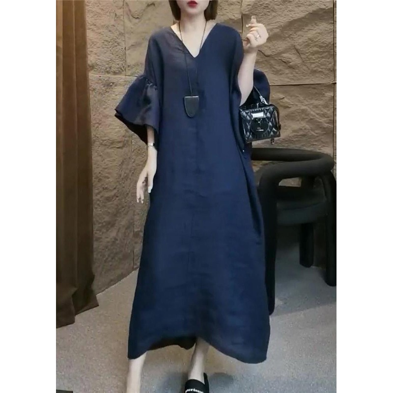 Plus Size Navy V Neck Solid Linen Long Dress Flare Sleeve