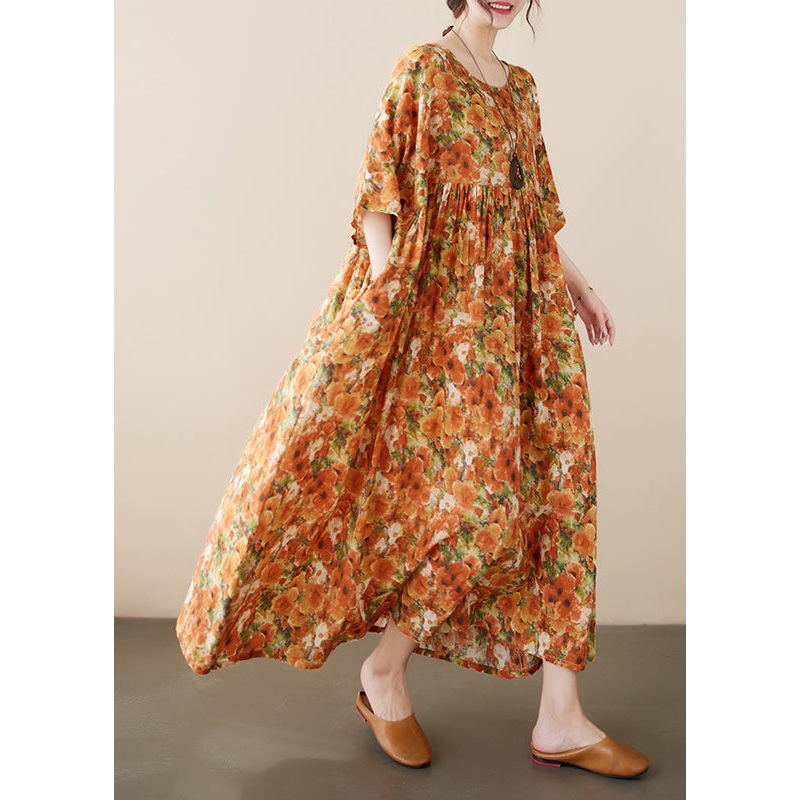 Plus Size Orange O-Neck Print Cozy Robe Dresses Summer