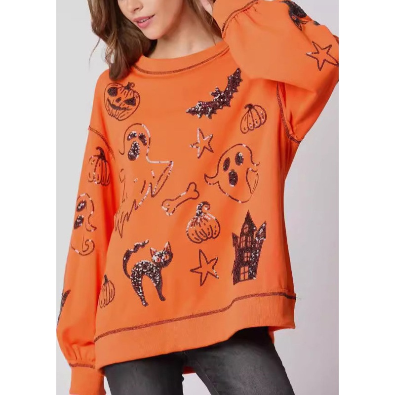 Plus Size Orange O Neck Sequins Cotton Sweatshirts Fall