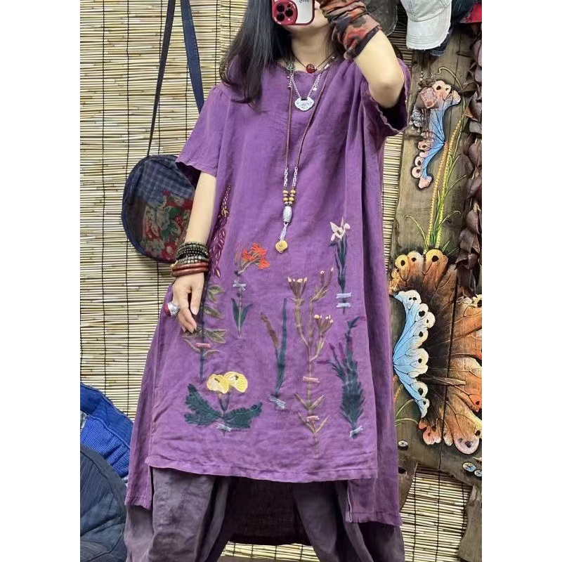 Plus Size Purple O Neck Embroidered Linen Mid Dresses Summer