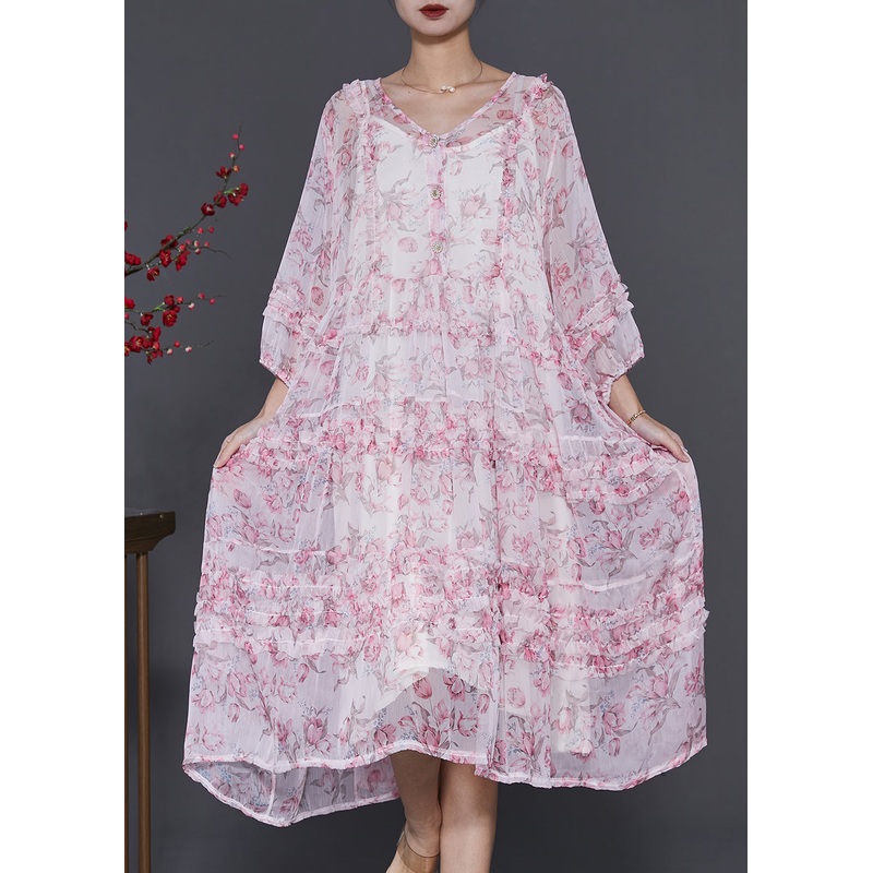 Purple Print Chiffon Vacation Dress Ruffled Spring