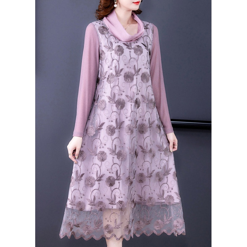 Purple Turtleneck Patchwork Tulle Maxi Dresses Spring