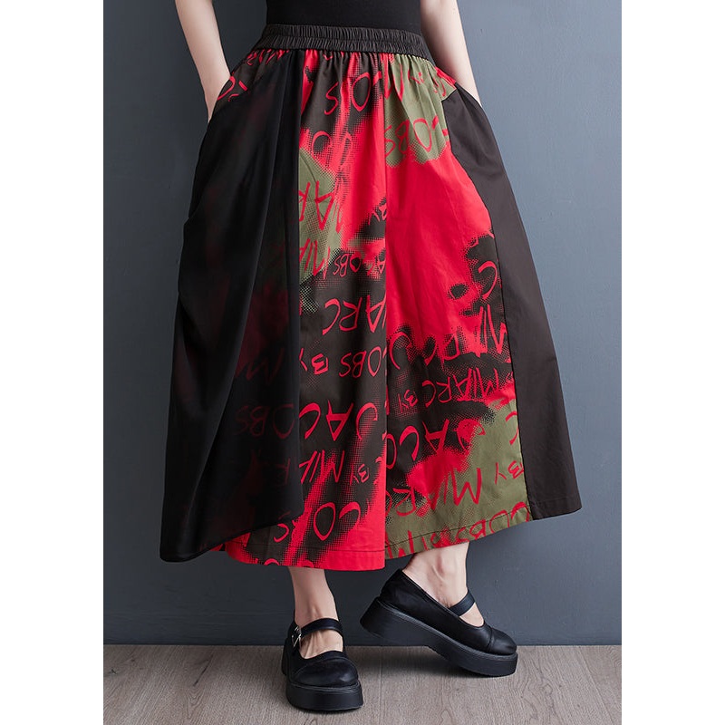 Red Print Pockets Patchwork Cotton Crop Wide Leg Pants Tulle Summer