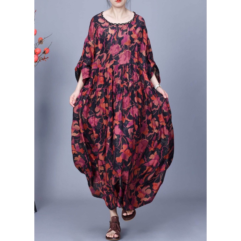 Red Print Wrinkled Silk Maxi Dress O Neck Bracelet Sleeve