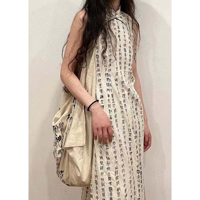Retro Beige Stand Collar Print Side Open Cotton Dress Sleeveless